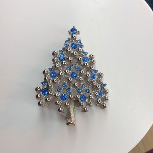 Eisenberg Silver Tone Blue Rhinestone Christmas Tree Brooch, Signed